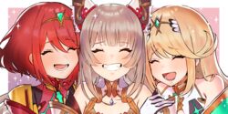  3girls :d ^_^ animal_ears arm_hug blonde_hair cat_ears chest_jewel closed_eyes grey_hair grin hair_between_eyes happy highres kyosuke1413koba laughing long_hair multiple_girls mythra_(xenoblade) nia_(blade)_(xenoblade) nia_(xenoblade) pyra_(xenoblade) red_hair short_hair smile tiara upper_body xenoblade_chronicles_(series) xenoblade_chronicles_2 