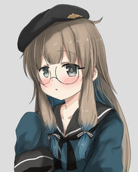  1other beret black-framed_eyewear black_bow black_hat black_sailor_collar blue_hair blue_shirt blush bow brown_hair collarbone commentary_request fate/grand_order fate_(series) glasses gradient_hair grey_background grey_eyes hairbow hand_up hat long_hair long_sleeves looking_at_viewer multicolored_hair nemo_(fate) oshiruko_(uminekotei) parted_lips professor_nemo_(fate) sailor_collar semi-rimless_eyewear shirt sidelocks simple_background sleeves_past_fingers sleeves_past_wrists solo striped striped_bow under-rim_eyewear upper_body 