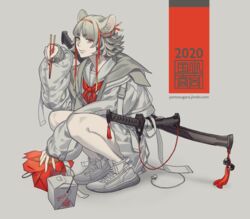  2020 absurdres animal_ears blunt_bangs chinese_zodiac chopsticks eyeshadow female food from_behind high_tops highres holding jacket komiya_kuniharu limited_palette looking_at_viewer makeup mouse_ears nail_polish neckerchief original oyster_pail pale_skin pleated_skirt sailor_collar school_uniform serafuku sheath sheathed shoes short_hair skirt smile sneakers solo spot_color squatting sword takeout_container tassel weapon web_address white_theme year_of_the_rat yellow_eyes yellow_nails 