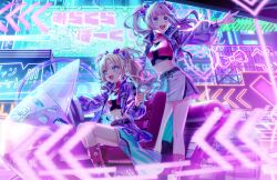  2girls :d above_cleavage_cutout anyoji_hime belt black_belt blast!!_(love_live!) blonde_hair blue_eyes blue_hair boots bow breasts clothing_cutout collarbone crop_top cropped_shirt game_cg gradient_hair group_name hair_intakes hair_ornament hairbow heart heart_belt_buckle heart_hair_ornament highres index_finger_raised jacket layered_skirt link!_like!_love_live! long_hair long_sleeves love_live! medium_breasts midriff miniskirt mira-cra_park! multicolored_hair multiple_girls neon_lights non-web_source official_alternate_costume official_art open_clothes open_jacket osawa_rurino outdoors outstretched_arm parted_bangs pink_hair pink_shirt pink_socks pleated_skirt pointing puffy_long_sleeves puffy_sleeves purple_bow purple_jacket shirt short_shorts shorts sitting skirt sleeveless sleeveless_shirt smile socks standing teeth turtleneck turtleneck_shirt twintails upper_teeth_only virtual_youtuber white_boots white_shorts white_skirt 