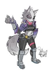  2025 5_fingers accessory anthro armor arms_bent belly_tuft belt big_eyes biped black_bottomwear black_clothing black_crop_top black_nose black_pants black_shirt black_topwear bottomwear breasts canid canine canis cheek_tuft circlet claws clothed clothed_anthro clothed_female clothing crop_top cropped_jacket curvy_figure digital_drawing_(artwork) digital_media_(artwork) disembodied_head duo ellipsis eyebrows eyeshadow facial_tuft female finger_claws fingerless_gloves fingers fluffy fluffy_tail fox fully_clothed fully_clothed_anthro fully_clothed_female fur fur_tuft glistening glistening_eyelids gloves greaves grey_belt grey_body grey_ears grey_eyebrows grey_fur grey_inner_ear_fluff grey_tail hair hair_accessory hairband handwear head_tuft high-angle_view humanoid_hands inner_ear_fluff iris jacket krystal_(star_fox) light_body light_fur looking_at_viewer makeup mammal medium_breasts midriff mouth_closed mtf_crossgender multicolored_body multicolored_fur nintendo oshirimarsh pants pink_scarf plantigrade pointy_ears pose prick_ears pupils purple_clothing purple_eyeshadow purple_gloves purple_handwear purple_jacket purple_topwear red_eyes rule_63 scarf shirt short_hair shoulder_pads simple_background small_pupils snout solo_focus speech_bubble spiked_shoulder_pads spikes standing star_fox tail thick_thighs topwear tuft two_tone_body two_tone_fur white_background white_body white_claws white_fur white_speech_bubble wolf wolf_o&#039;donnell 