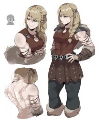  ... 1boy absurdres alternate_muscle_size arm_guards armor astrid_hofferson belt boots braid breasts brown_skirt cape cleavage female fur-trimmed_boots fur_arm_warmers fur_cape fur_trim fur_vest hand_on_own_neck hiccup_horrendous_haddock_iii highres how_to_train_your_dragon_(series) masoq muscular muscular_female scar shoulder_armor single_braid skirt smile steam studded_skirt sweat white_background 