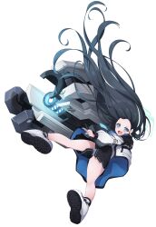  :d absurdres aris_(blue_archive) black_hair black_skirt black_socks blue_archive blue_eyes blue_necktie commentary_request female forehead full_body gun highres holding holding_gun holding_weapon jacket koflif long_hair long_sleeves necktie panties pleated_skirt puffy_long_sleeves puffy_sleeves railgun shirt shoe_soles shoes simple_background skirt smile socks solo underwear upskirt v-shaped_eyebrows very_long_hair weapon white_background white_jacket white_panties white_shirt white_shoes 