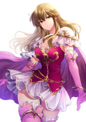  armor arms_at_sides bangle blonde_hair bracelet breasts cape cowboy_shot crossed_bangs dress elbow_gloves female fire_emblem fire_emblem:_genealogy_of_the_holy_war gloves hair_between_eyes has_bad_revision has_watermarked_revision highres jewelry lachesis_(fire_emblem) large_breasts long_hair looking_at_viewer pink_cape pink_gloves pink_thighhighs short_dress shoulder_armor sidelocks simple_background solo thighhighs toriko_momomo two-tone_dress white_armor white_background yellow_eyes zettai_ryouiki 