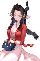  absurdres advarcher aerith_gainsborough aerith_gainsborough_(cosplay) asymmetrical_horns black_hair black_horns bracelet breasts cleavage cosplay dress female final_fantasy final_fantasy_vii highres hololive hololive_english horns jacket jailbird_(nerissa_ravencroft) jewelry large_breasts long_hair nerissa_ravencroft pink_dress red_jacket virtual_youtuber 