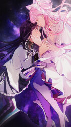  absurdres akemi_homura argyle_clothes argyle_thighhighs dress gloves highres kaname_madoka mahou_shoujo_madoka_magica mahou_shoujo_madoka_magica_(anime) oni_(motimoti_0925) pink_hair pink_thighhighs thighhighs ultimate_madoka white_dress white_gloves winged_boots 