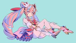  aqua_background blue_hair boots bow brooch cone_hair_bun drill_hair female full_body gloves hair_bun hair_ornament heart heart_brooch high_heels jewelry long_hair looking_at_viewer magical_girl mk-5 multicolored_eyes multicolored_hair original panties pink_eyes pink_hair pink_skirt ribbon sidelocks simple_background sitting skirt solo streaked_hair symbol-shaped_pupils twintails underwear very_long_hair white_gloves white_panties 