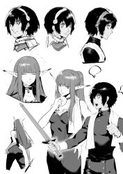  1boy absurdres black_choker black_shirt blank_speech_bubble choker closed_eyes closed_mouth coat drying female frills from_behind from_side greyscale hand_on_own_hip headband highres hime_cut holding holding_sword holding_weapon hulkenberg_(metaphor:_refantazio) long_hair looking_at_another looking_to_the_side metaphor:_refantazio monochrome multiple_views overcoat peperon_(peperou) pointy_ears protagonist_(metaphor:_refantazio) shirt smile speech_bubble sweat sweater sword tall_female tan towel towel_around_neck turtleneck turtleneck_sweater weapon 