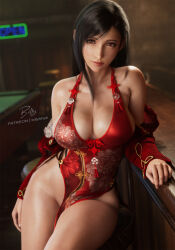  3d artist_name bare_shoulders billyhhyb black_hair breasts crimson_wings_(stellar_blade) cross-laced_clothes cross-laced_dress cross-laced_slit dress female final_fantasy final_fantasy_vii highres large_breasts long_hair looking_at_viewer low-tied_long_hair red_dress sideless_dress sideless_outfit solo stellar_blade thick_thighs thighs tifa_lockhart 