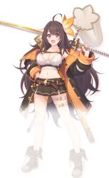  ahoge bandaid bandaid_on_face bandaid_on_knee bandaid_on_leg belt belt_buckle black_coat black_skirt blush breasts brown_belt brown_shoes buckle cleavage coat collarbone cropped_shirt female full_body hand_net hand_on_own_hip hand_up holding holding_sword holding_weapon iroha_(princess_connect!) large_breasts looking_at_viewer midriff miniskirt multicolored_coat navel oerba_yun_fang official_art open_clothes open_coat open_mouth orange_coat pleated_skirt princess_connect! ribbed_shirt shirt shoes simple_background skirt smile sneakers solo standing sword thigh_strap transparent_background two-tone_coat weapon white_shirt wide_sleeves 