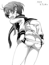  adjusting_clothes adjusting_shorts ass blush butt_crack commentary_request female greyscale isshiki_akane looking_at_viewer looking_back michairu monochrome national_shin_ooshima_school_uniform open_mouth scarf school_uniform short_hair short_shorts short_twintails shorts simple_background solo twintails vividred_operation white_background 