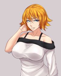  bare_shoulders blonde_hair blue_eyes breasts collarbone commentary_request female flipped_hair grin highres igawa_sakura large_breasts long_sleeves looking_at_viewer nofuture off-shoulder_shirt off_shoulder shirt short_hair smile solo taimanin_(series) taimanin_asagi tucking_hair upper_body white_shirt 