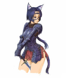  animal_ears armor blue_eyes blue_hair cat_ears cat_tail cervus commentary_request female gauntlets highres original skirt solo sword tail weapon 