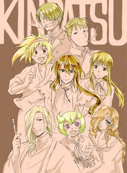  6+boys anno_mana arslan_senki babiro bad_id bad_pixiv_id blonde_hair blue_eyes brown_eyes cigarette color_connection cross crossover curly_eyebrows fullmetal_alchemist green_eyes grin hair_color_connection hair_over_one_eye idolfried_ehrenberg jean_havoc maerchen_(sound_horizon) mamono_kanteishi_babiro maraich_juschenfe monochrome multiple_boys narsus one_piece open_mouth patalliro! photoshop_(medium) ponytail purple_eyes rakudai_ninja_rantarou saitou_takamaru sanji_(one_piece) smile sound_horizon spot_color umineko_no_naku_koro_ni ushiromiya_lion 