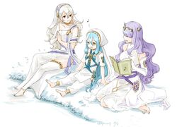  3girls aged_down anklet azura_(fire_emblem) azura_(young)_(fire_emblem) barefoot blue_hair book camilla_(adrift)_(fire_emblem) camilla_(fire_emblem) commentary_request corrin_(female)_(adrift)_(fire_emblem) corrin_(female)_(fire_emblem) corrin_(fire_emblem) dress elbow_gloves fingerless_gloves fire_emblem fire_emblem_fates fire_emblem_heroes gloves grey_hair hair_between_eyes hair_ornament hair_over_one_eye hairband jewelry long_hair multiple_girls pointy_ears purple_eyes purple_hair red_eyes robaco sitting soaking_feet veil very_long_hair water wavy_hair yellow_eyes 