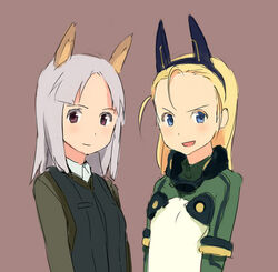  2girls :d animal_ears blonde_hair blue_eyes brave_witches brown_eyes crossover edytha_rossmann elise_von_dietrich flat_chest fox_ears fox_girl grey_hair long_hair military military_uniform motion_slit multiple_girls open_mouth shibafu_(glock23) sky_girls smile uniform v-shaped_eyebrows world_witches_series 