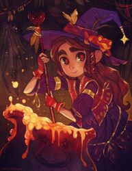  armlet ava&#039;s_demon ava_ire brown_eyes brown_hair cauldron cooking dress eyebrows fingerless_gloves frog gloves hair_ribbon hat herb_bundle highres long_hair md5_mismatch michelle_czajkowski multicolored multicolored_eyes red_eyes ribbon solo stirring vest witch witch_hat 