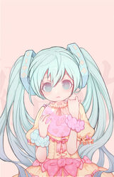  alternate_costume aqua_hair balloon blue_eyes blush bow commentary_request cross-laced_clothes female hair_between_eyes hatsune_miku head_tilt heart highres holding kiyomasa_ren large_bow lolita_fashion long_hair looking_at_viewer neck_ribbon open_mouth pink_background pink_bow pink_ribbon puffy_short_sleeves puffy_sleeves ribbon ribbon-trimmed_clothes ribbon-trimmed_sleeves ribbon_trim shawl shirt short_sleeves skirt skirt_set solo twintails upper_body very_long_hair vocaloid water_balloon wrist_cuffs yellow_shirt yellow_skirt 