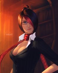  alternate_costume artist_name black-framed_eyewear black_hair black_jacket blue_eyes bookshelf breasts buttons cleavage closed_mouth collared_shirt dress_shirt fiora_laurent glasses hair_over_one_eye headmistress_fiora indoors jacket large_breasts league_of_legends library lips long_sleeves looking_to_the_side multicolored_hair raikoart red_hair red_scarf scarf shirt short_hair signature smile solo streaked_hair sunlight upper_body white_shirt 