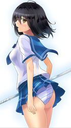  ass black_hair blue_skirt blush breasts brown_eyes commentary_request cowboy_shot female from_side himeragi_yukina holding holding_weapon ishizu_kayu looking_at_viewer looking_to_the_side medium_breasts panties parted_lips plaid plaid_skirt pleated_skirt polearm saikai_academy_school_uniform school_uniform serafuku skirt solo spear strike_the_blood striped_clothes striped_panties underwear weapon 