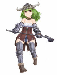  armor cervus collar commentary_request female green_hair helmet highres horns mallet original short_hair solo weapon 