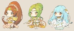  3girls armor bare_shoulders blue_hair blush book brown_eyes brown_hair cape chibi circlet commentary_request dress elincia_ridell_crimea fingerless_gloves fire_emblem fire_emblem:_mystery_of_the_emblem fire_emblem:_path_of_radiance fire_emblem:_the_blazing_blade fire_emblem_heroes gen&#039;ya_(nharanor) gloves green_hair hair_ornament jewelry linde_(fire_emblem) long_hair multiple_girls ninian_(fire_emblem) ponytail protected_link red_eyes sandals side_slit smile very_long_hair weapon 