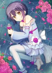  brown_eyes commentary_request dress female flower highres ldfe_mk2 microphone nagato_yuki pantyhose partially_submerged purple_hair rose short_hair solo strap_slip suzumiya_haruhi_no_yuuutsu 