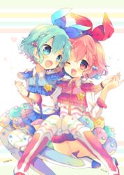  1boy :d ;d artist_name bad_id bad_pixiv_id blue_eyes blue_footwear blue_hair blue_ribbon blush boots bracelet braid brother_and_sister buttons dorothy_west epaulettes female frilled_legwear frilled_sleeves frills hair_bobbles hair_ornament hair_ribbon heart high_heel_boots high_heels highres holding_hands jewelry knee_boots knees_together_feet_apart knees_up looking_at_another mole mole_under_eye nekoto_rina oerba_yun_fang one_eye_closed open_mouth otoko_no_ko pink_eyes pink_footwear pink_hair pretty_series print_thighhighs pripara red_ribbon reona_west ribbon short_hair siblings side_braid sitting smile star_(symbol) star_print thighhighs twins wing_collar 