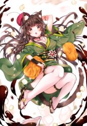  ahoge animal_ear_fluff animal_ears anmitsu_(dessert) bare_shoulders bracelet braid breasts brown_eyes brown_hair cat_ears cat_tail chestnut_mouth choker cleavage collarbone commentary_request convenient_leg female flower food geta hat highres hikimayu japanese_clothes jewelry kimono legs_up long_hair looking_at_viewer medium_breasts midair obi off_shoulder open_mouth original pillow sash solo sparkle tail thick_eyebrows thighhighs usagihime wagashi water_drop white_thighhighs wide_sleeves 