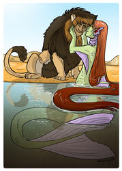  brown_body brown_fur duo felid female feral fur hair interspecies kory_bing long_hair male male/female mammal marine merfolk mythological_creature mythological_sphinx mythology partially_submerged split_form water 