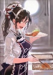  :d adapted_costume alternate_hairstyle annotated apron ashigara_(kancolle) ashigara_kai_ni_(kancolle) blurry bob_(biyonbiyon) brown_eyes brown_hair chopsticks collared_shirt cooking cooking_oil curry curry_rice deep_fryer deep_frying depth_of_field fangs female food frilled_apron frills from_side hair_between_eyes hair_up hairband holding holding_chopsticks holding_plate jpeg_artifacts kantai_collection katsu_(food) katsu_curry long_hair looking_at_viewer official_art open_mouth plate ponytail porthole raised_eyebrow rice shirt sidelocks signal_flag sleeves_rolled_up smile solo steam teeth tonkatsu upper_body wavy_hair white_shirt window 