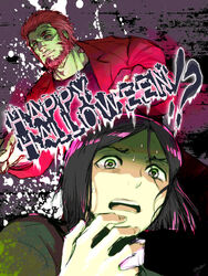  2boys beard black_hair colored_skin commentary_request facial_hair fate/zero fate_(series) green_eyes green_skin halloween iskandar_(fate) multiple_boys red_hair turn_pale usagida waver_velvet 