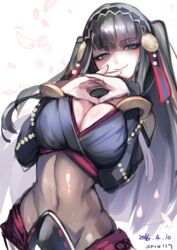  alpha_transparency ario artist_name beads black_hair bodystocking bracelet breasts bridal_gauntlets cherry_blossoms cleavage closed_mouth commentary_request covered_navel dated eyebrows female fire_emblem fire_emblem_fates grey_eyes groin hair_ornament hairband interlocked_fingers jewelry large_breasts long_hair petals purple_hairband rhajat_(fire_emblem) simple_background smile solo two_side_up white_background 