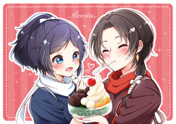  +_+ 2boys ^_^ anmitsu_(dessert) black_hair blue_eyes bowl brown_hair cherry closed_eyes commentary_request earrings food fruit heart jewelry kashuu_kiyomitsu male_focus mole mole_under_eye mole_under_mouth mouth_hold multiple_boys nail_polish open_mouth ponytail red_nails scarf smile sparkle spoon tasasan touken_ranbu yamato-no-kami_yasusada 