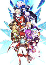  5boys 6+girls add_(elsword) ahoge aisha_landar another_code_(elsword) ara_haan ascot bad_id bad_pixiv_id black_hair black_legwear black_skirt blonde_hair blue_background blue_eyes blue_hair boots braid breasts brown_legwear chung_seiker ciel_(elsword) cleavage coat crown demon_power_(elsword) elesis_(elsword) elsword elsword_(character) eve_(elsword) everyone expressionless forehead_jewel free_knight_(elsword) gem green_eyes green_hair highres icedango_(dpopic3) knight_(elsword) large_breasts little_xia_(elsword) long_hair looking_at_viewer luciela_r._sourcream magician_(elsword) medium_breasts mini_crown multiple_boys multiple_girls muscular one_eye_closed pants pointy_ears ponytail purple_eyes purple_hair purple_skirt ranger_(elsword) raven_cronwell red_eyes red_hair red_skirt rena_erindel scar shawl shirt shoes shorts skirt small_breasts staff sword symbol-shaped_pupils taker_(elsword) thigh_boots thighhighs topless_male tracer_(elsword) twin_braids two_side_up weapon white_footwear white_hair white_pants yellow_eyes 