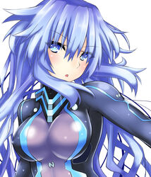  :o armor blue_eyes blue_hair blush bodysuit braid breasts commentary_request covered_nipples emblem eyes_visible_through_hair female gorget hair_between_eyes highres impossible_bodysuit impossible_clothes large_breasts long_hair looking_at_viewer neptune_(series) next_purple open_mouth purple_heart_(neptunia) shin_jigen_game_neptune_vii shishin_(shishintei) sidelocks simple_background skin_tight symbol-shaped_pupils twin_braids upper_body very_long_hair white_background 