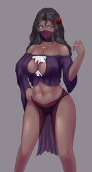  &gt;:) abs arabian_clothes bare_shoulders black_hair black_panties breasts choker cleavage cleavage_cutout clothing_cutout collarbone commentary_request crop_top dancer dark-skinned_female dark_skin female flower hair_flower hair_ornament hand_on_own_hip highres jewelry large_breasts long_hair long_sleeves looking_at_viewer mouth_veil navel necklace nofuture off-shoulder_shirt off_shoulder original panties parted_lips pelvic_curtain purple_eyes red_flower red_rose rose shirt smile solo standing stomach underwear v-shaped_eyebrows veil wavy_hair 