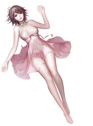  bare_legs bare_shoulders barefoot breasts brown_hair choker commentary_request ddongu dress dutch_angle female highres long_legs medium_breasts original photoshop_(medium) pink_dress purple_eyes ribbon_choker short_hair solo strapless strapless_dress white_background 