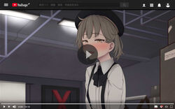  beret black_bow black_bowtie black_hat black_ribbon blouse blush bow bowtie box brand_name_imitation brown_eyes brown_hair cardboard_box ceiling_light commentary_request fake_play_button fake_screenshot fake_video fangs female fluorescent_lamp hat hatoba_tsugu highres hiroyuki_koto indoors looking_at_viewer mole mole_under_eye open_mouth ribbon search_bar shirt short_hair solo suspenders translation_request tsugu_(vtuber) upper_body virtual_youtuber white_shirt x-cross_(bdsm) youtube 