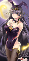  animal_ears armlet asymmetrical_legwear bare_shoulders black_hair black_legwear black_leotard blunt_bangs blush bracelet breasts brown_eyes cleavage commentary_request cowboy_shot detached_collar earrings fake_animal_ears female flower_knight_girl full_moon himeshara_(flower_knight_girl) hirabitai ishizu_kayu jewelry large_breasts leotard long_hair looking_at_viewer moon pantyhose playboy_bunny rabbit_ears saishi single_leg_pantyhose solo thighhighs uneven_legwear very_long_hair 