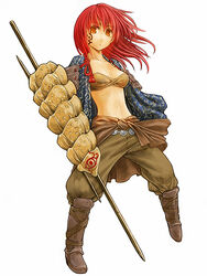  bandeau belt blue_coat boots cervus coat commentary_request eye_print facial_tattoo female looking_at_viewer madu_(weapon) midriff open_clothes open_coat orange_eyes original pants polearm red_hair shell shield shirt simple_background solo spear tattoo weapon white_background 