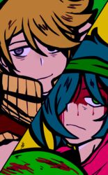  2boys aqua_hair biker_(hotline_miami) blonde_hair blood blood_on_clothes blood_on_face flat_color frown green_eyes green_hair grey_eyes highres hotline_miami jacket jacket_(hotline_miami) letterman_jacket male_focus multiple_boys shunter split_screen sweatband 