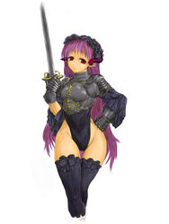  armor breastplate cervus commentary_request elf female gauntlets highres horns leotard long_hair original pink_hair pointy_ears red_eyes solo sword thighhighs thighs weapon 