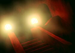  1other ambiguous_gender commentary dated_commentary doorway guru hood horror_(theme) lamp mask original red_theme solo stairs 