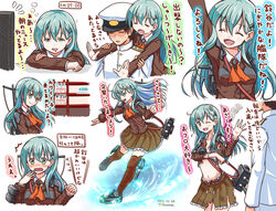  1boy =_= ^^^ ^_^ admiral_(kancolle) aqua_eyes aqua_hair arm_up ascot black_hair blush brown_hair closed_eyes commentary_request covering_breasts covering_privates dress_shirt drooling female hair_ornament hairclip hat kantai_collection long_hair military military_uniform navel one_eye_closed open_mouth partially_translated qontamblue shirt strap suzuya_(kancolle) thighhighs torn_clothes translation_request uniform 