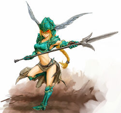  armor armored_boots blonde_hair boots braid breastplate cervus commentary_request crop_top female glowing glowing_eyes helmet long_hair midriff original polearm single_braid solo weapon winged_helmet 