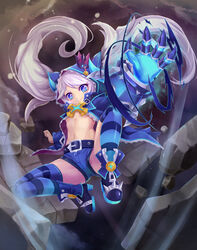  bell_(angelicalary) belt blue_eyes blue_footwear blue_horns blue_shorts blue_thighhighs breasts chiliarch_(elsword) claws commentary_request crown elsword female full_body hood horns jacket long_hair looking_at_viewer luciela_r._sourcream midriff mini_crown navel no_bra photoshop_(medium) shoes short_shorts shorts small_breasts smile solo striped_clothes striped_thighhighs symbol-shaped_pupils thighhighs twintails white_hair 