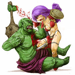  1boy armor battle bikini_armor blood blue_eyes breasts buckler cervus cleavage clenched_hand club_(weapon) colored_skin commentary_request cutting dragon_quest dragon_quest_iii duel elbow_gloves female gloves green_skin injury long_hair medium_breasts mixed-sex_combat mixed_gender_duel navel orc purple_hair red_armor severed_hand shield soldier_(dq3) sword weapon 