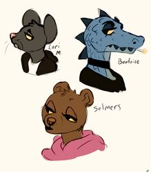  anthro bea_santello bear bonenomy bust_portrait cigarette crocodile crocodilian crocodylid eyeshadow female frown group looking_away lori_meyers makeup mammal mouse murid murine night_in_the_woods portrait reptile rodent scalie selmers_ann_forrester smoking 