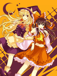  2girls :p ankle_boots apron ascot blonde_hair boots bow braid brown_hair candy commentary_request crescent_moon crossed_arms food hair_tubes hairbow hakurei_reimu halloween hat hat_ribbon highres jack-o&#039;-lantern kirisame_marisa leg_up lollipop long_hair long_sleeves looking_at_viewer midriff moon multiple_girls navel open_mouth orange_eyes purple_eyes ribbon single_braid skirt skirt_set smile star_(symbol) swirl_lollipop tm-pika tongue tongue_out touhou two-tone_background waist_apron witch_hat 